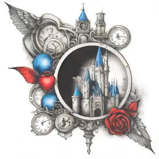 Disney Castle With The Tardis And Harley Quinn With Watercolored Background