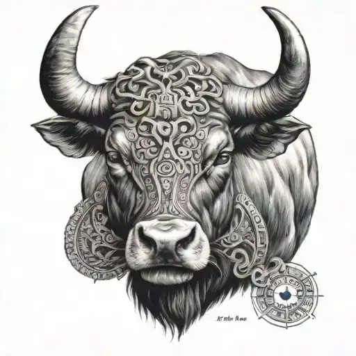 A Realistic Depiction Of A Taurus Bull With Intricate Astrological Symbols Hidden In Its Horns