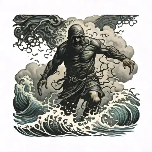 A Realistic Dark Figure Emerging From A Stormy Sea