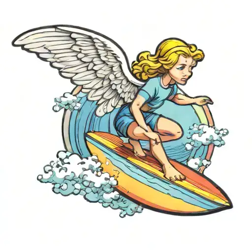 A Cartoon Girl Angel Surfing On A Rainbow Colored