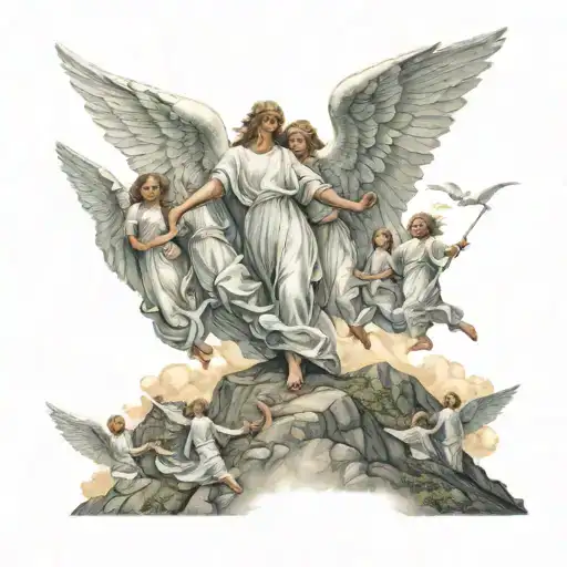 Multiple Beautiful Angels Coming Over A Hill Towards A Person Walking With Outstretched Arms