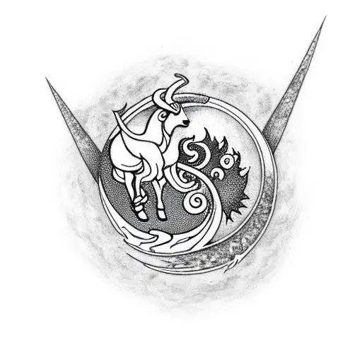 A Mystical Goat Surrounded By Swirling Flames Under A Crescent Moon