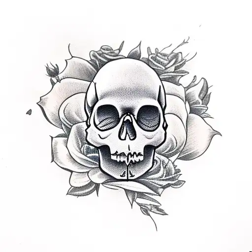 Skull And Crow And Flowers And Moon