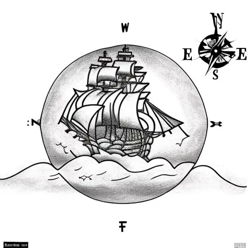 Pirate Ship In Ocean Getting Struck By Lightning With A Compass