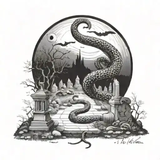 A Snake Slithering Through A Cemetery At Night Sky With Moon