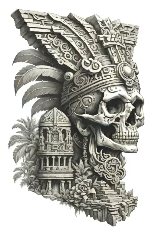 Aztec Skull And Temple Surrounded