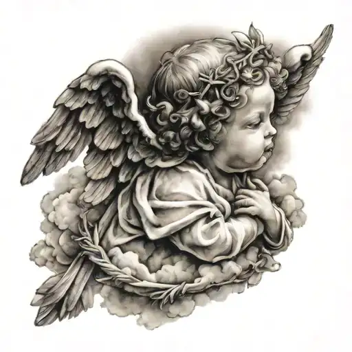 Baby Angel Around Clouds And A Cross Of Jesus Christ