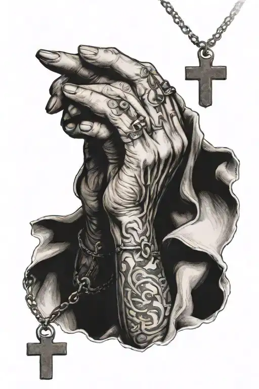 A Praying Hands With Licked Fingers And A Small Cross Necklace Hanging Between Her Hands