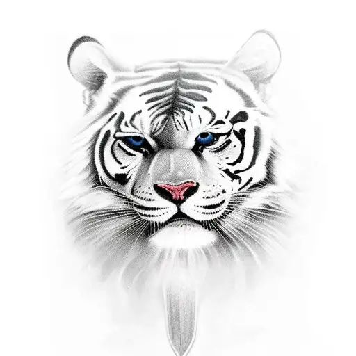 Angel Guerrera Con Trigre Naranja Al Lado Derecho Y Tigre Gris A La Izquierda