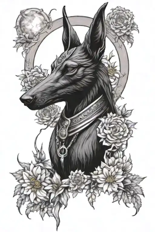 A Mystical Interpretation Of Anubis Surrounded By A Halo Of Chrysanthemums And The Moon