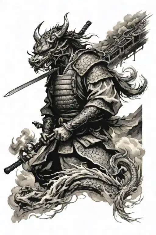 Samurai With Dragon And Sun And Chinese House Road