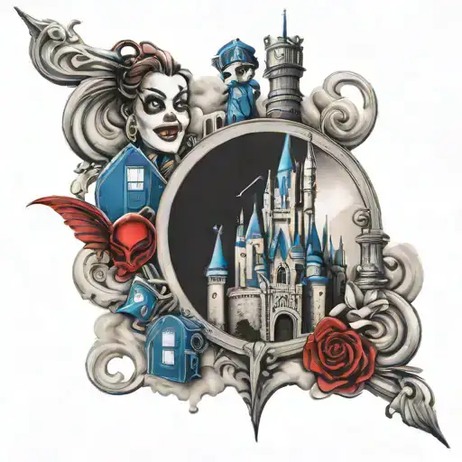 Disney Castle With The Tardis And Harley Quinn