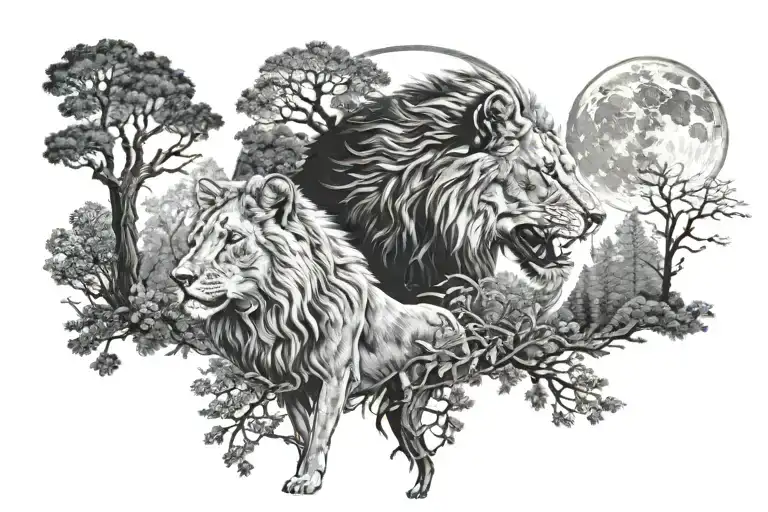 Lion And Wolf In A Forest Under The Moon