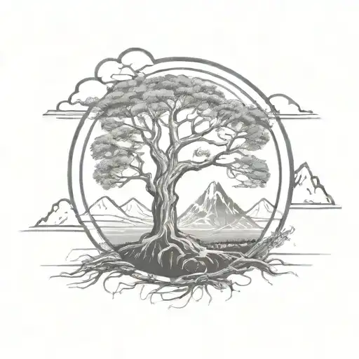 Tree Of Life In A Circle With Mountains In The Background And Shading Around The Outside
