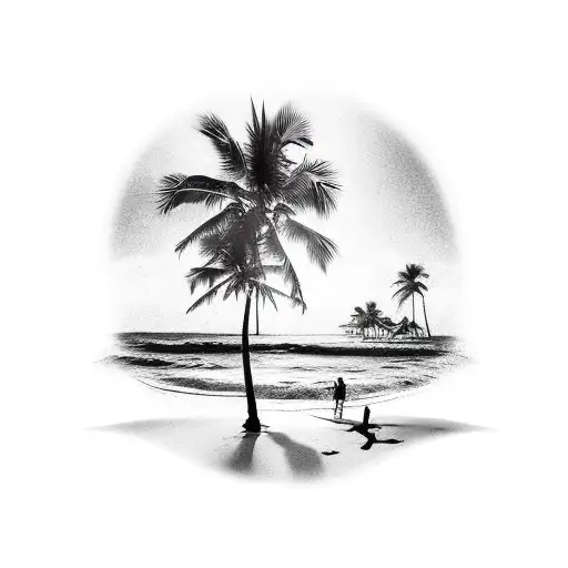 A Beach Scene With Crashing Waves And Palm Trees