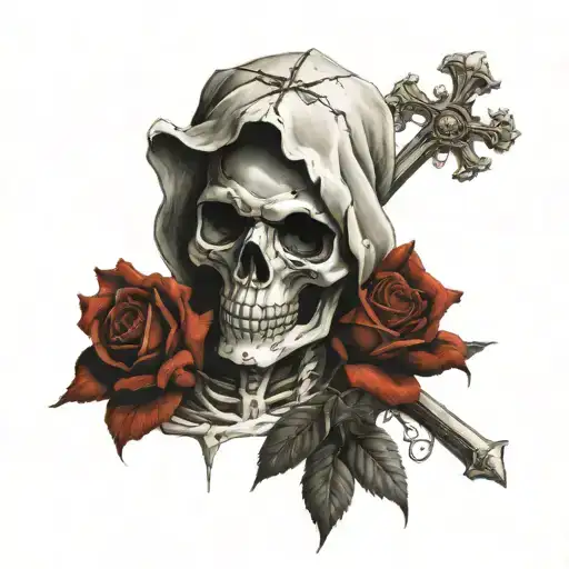 Skeleton Holding A Christian Cross Cross With Rosses In His Body