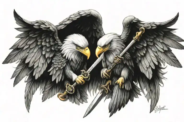 Good Vs Evil Eagle Holding Sword Stuck Together