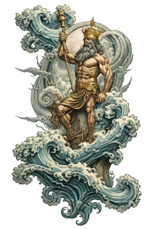 A Majestic Poseidon Surrounded By Swirling Waves And A Lighthouse In The Background