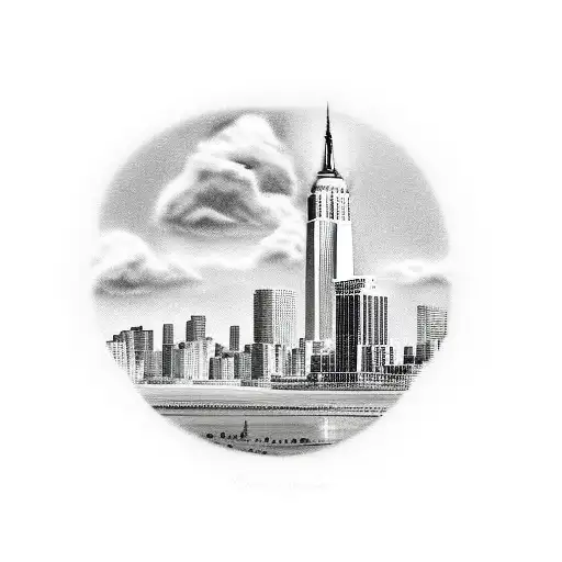 Empire State Building And Beach With Palm Trees