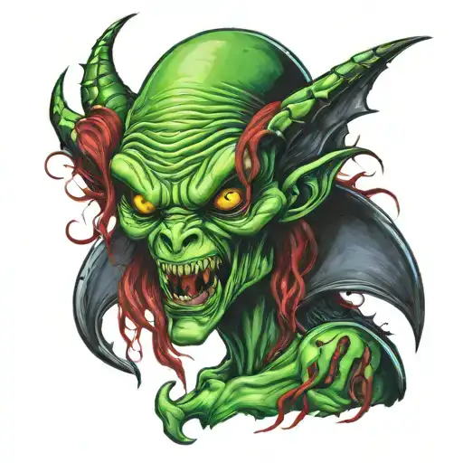 Green Alien With Vampire Fangs Red Layed Hair And Witch Clothes