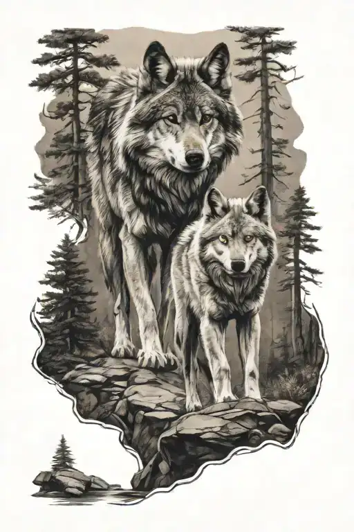 A Tattoo Of A Wolf Leading Young Cub Through Forest On A Rocky Path