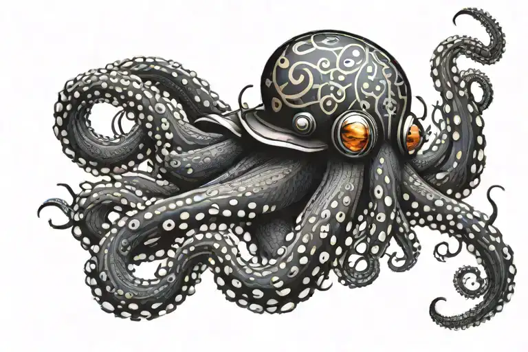 Realistic Octopus Wearing Fire Helmet Surrounded By Geometric Patterns And Shaded Water Background