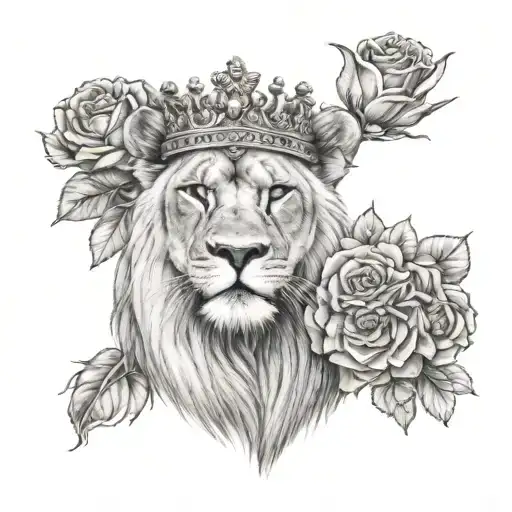 Roses And Lioness Wearing A Crown