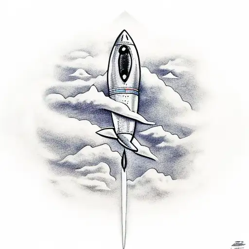 Rocket Ship Flying Into Heaven With Clouds And Angels Also Flying Around