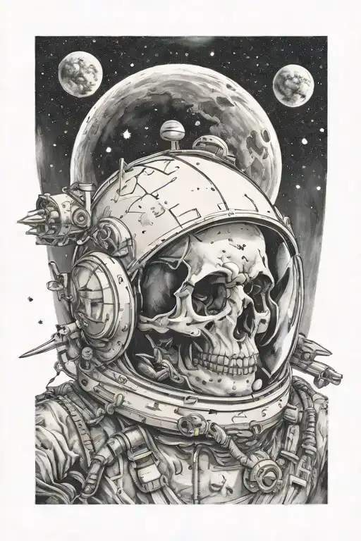 Spaceman's Skull And Spaceship On The Background And Moon