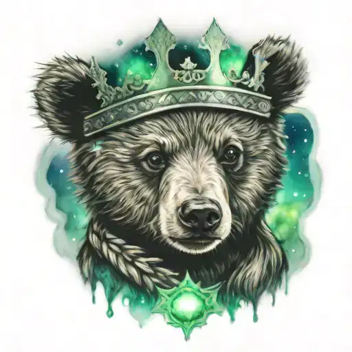 A Baby Bear Wearing A Crown Under A Sky Adorned With The Northern Lights