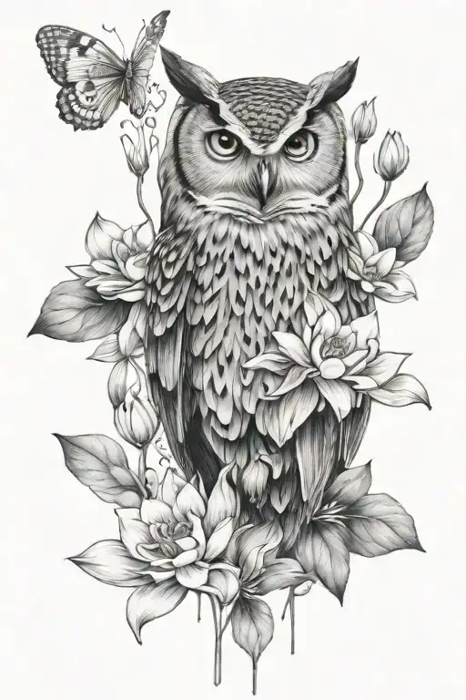 Owl And Flowers Blooming Lotus Flower Surrounded