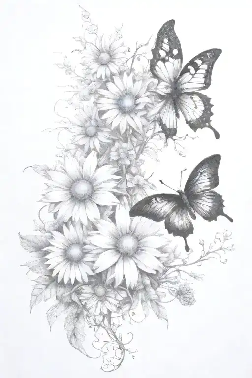 Vines Thorns Growing Up With A Butterfly's And Daisy Flowers Dark Texture