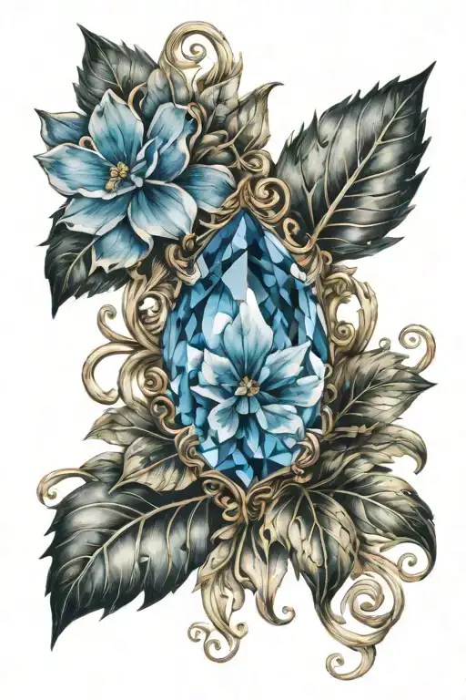 A Blue Topaz Gemstone Surrounded By Intricate Floral Vines And Leaves