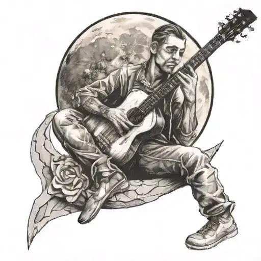 A Man With With Guitar Sitting On The Moon With A Broken Heart