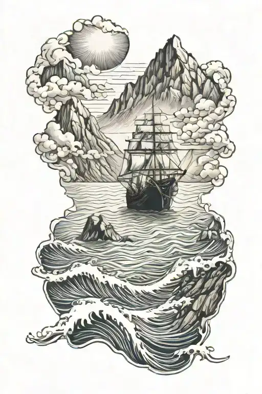 Mountain And Sea Leading Up To A Ship Sailing