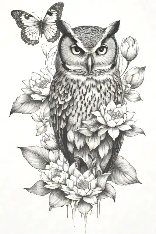 Owl And Flowers Blooming Lotus Flower Surrounded