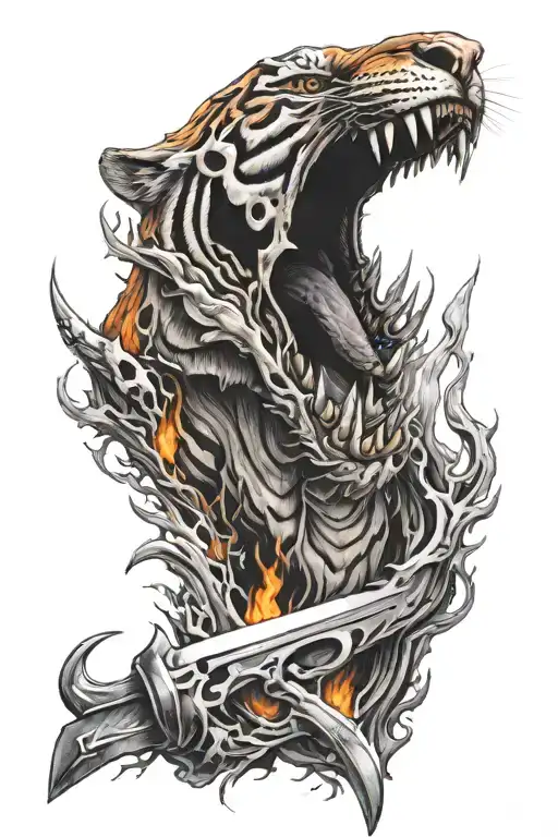A Flaming Tiger Skull Stabbed With A Knife Piercing