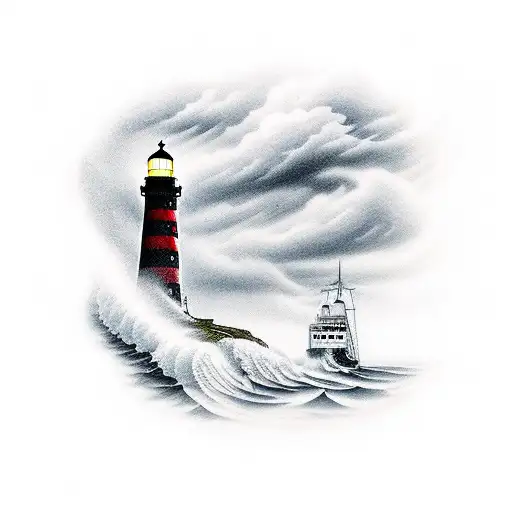 A Lighthouse In Very Stormy Weather With An Offshore Supply Vessel In The Background