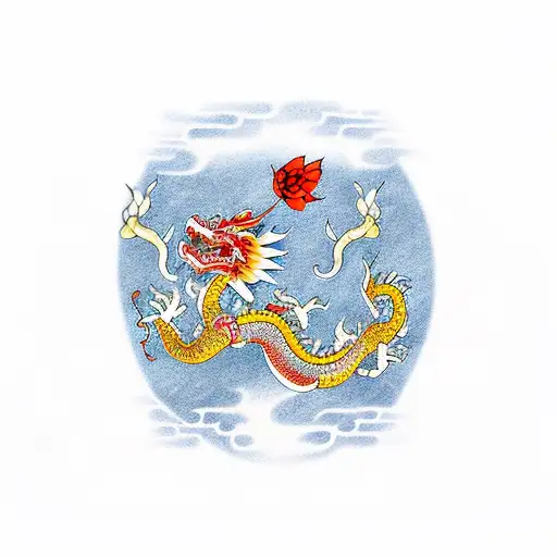 Traditional Chinese Dragon With Koi Fish And Cherry Blossoms