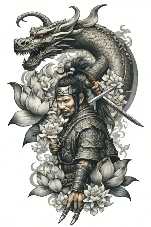 Samurai Warrior With A Dragon Surrounded By Lotus Flowers