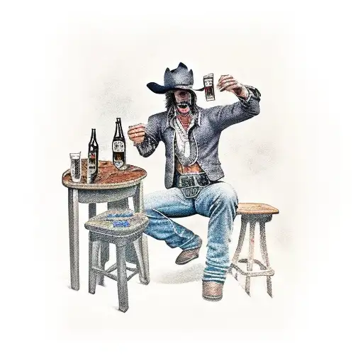 A Cowboy Having A Beer With The Devil Sitted On A Wooden Stool