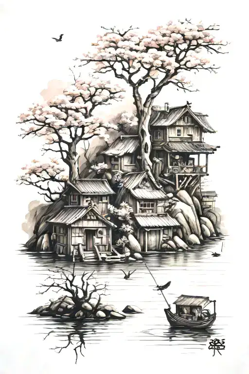 Cherry Blossoms And Fishing Village