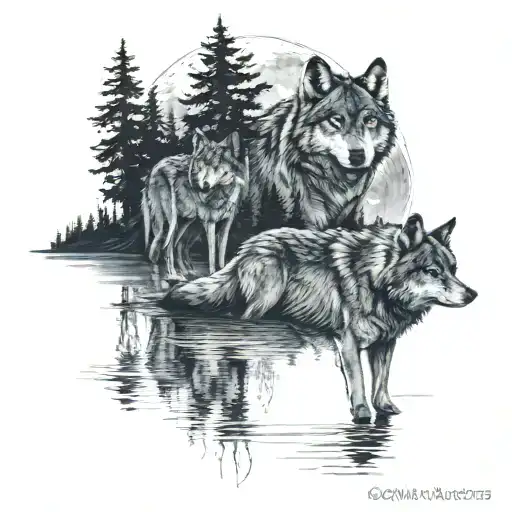 A Wolf Family Swimming In A Moonlit Lake In A Forest