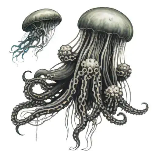 Jellyfish And A Kraken With Long Tentacles