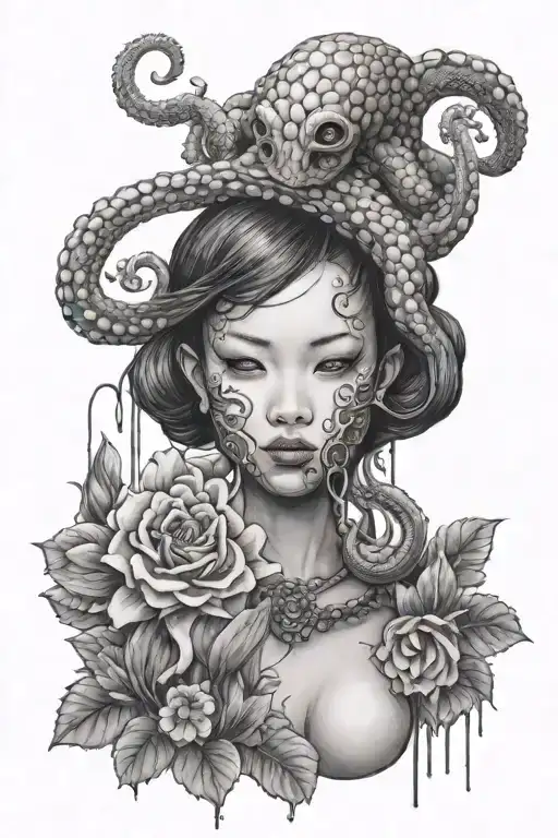 Octopus Head Girl In A Mask Japan Roses Lotuses Sword
