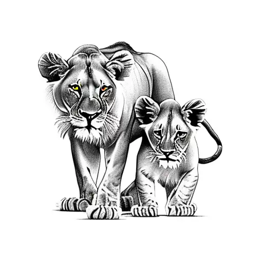 Lioness And Cub With Sunflower