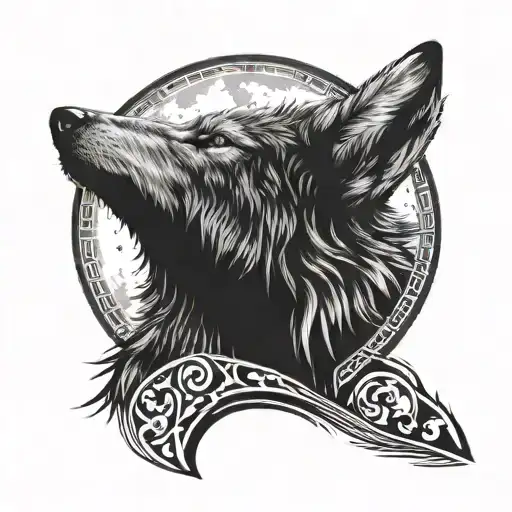A Wolf Howling At The Moon With A Tribal Design Incorporating Electrical Symbols