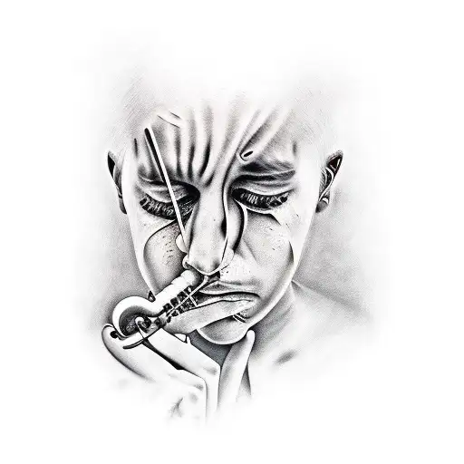 A Realistic Portrait Of A Crying Musician Surrounded By Musical Notes