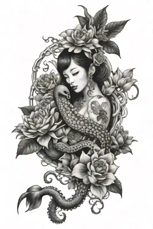 Octopus Japan Girl Roses Lotus And Crane