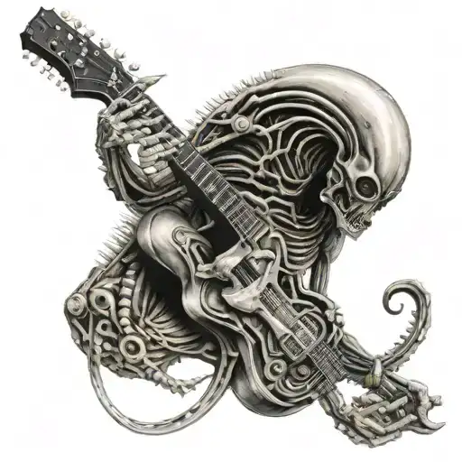 An Alien Playing A Guitar With Hr Giger-inspired Biomechanical Elements